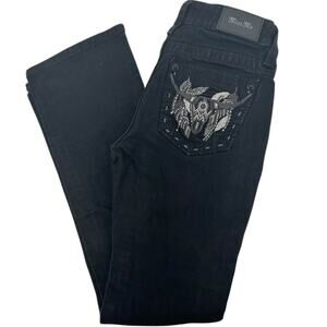 VTG y2k Women's Black Denim Low Rise Miss Me Western Feather Bootcut Jeans Sz 25